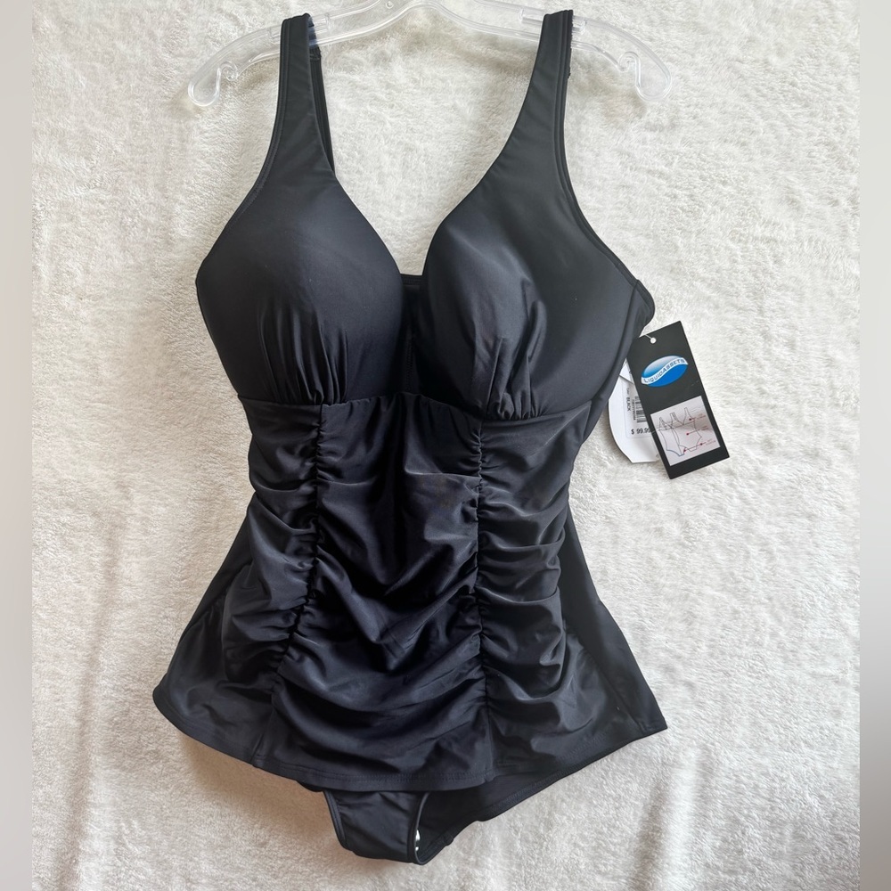 Liquid Assets NEW Ruched Flattering Tummy Swim Suit D Padded Stretch Control 14
